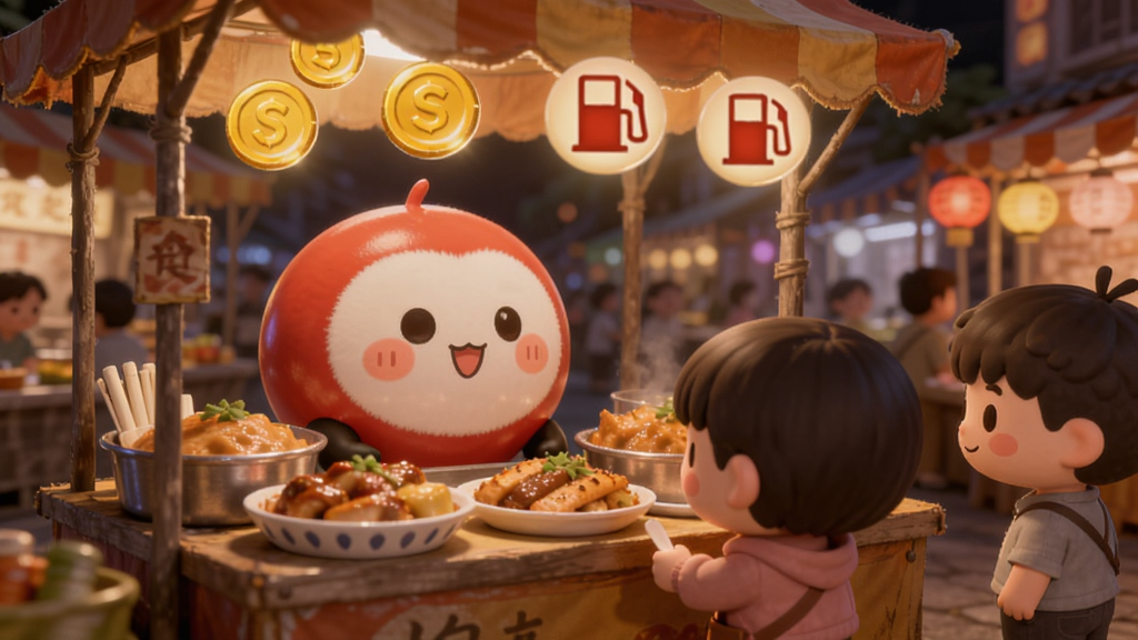 球球角色站在摆满食物的小摊后面,面前排着几位卡通顾客,摊位上方有金币和燃油图标飘浮,背景是热闹的夜市街道,暖色调灯光,画面温馨活泼,构图紧凑,画质细腻干净