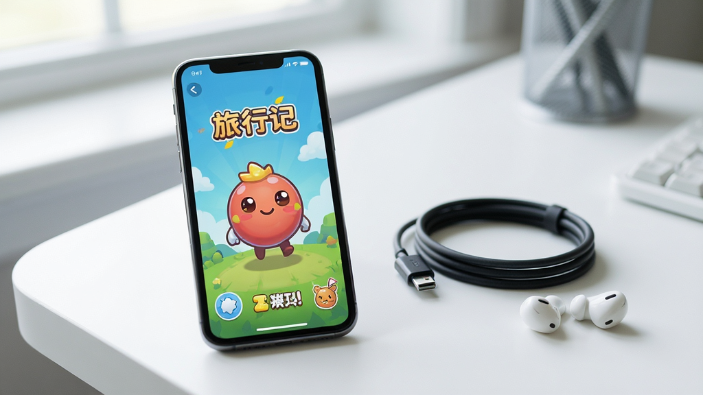 一部智能手机屏幕上显示球球旅行记的游戏主界面,旁边放着充电线和耳机,背景是简洁的桌面环境,画面风格写实偏清新,构图聚焦手机屏幕,光线柔和,画质清晰干净
