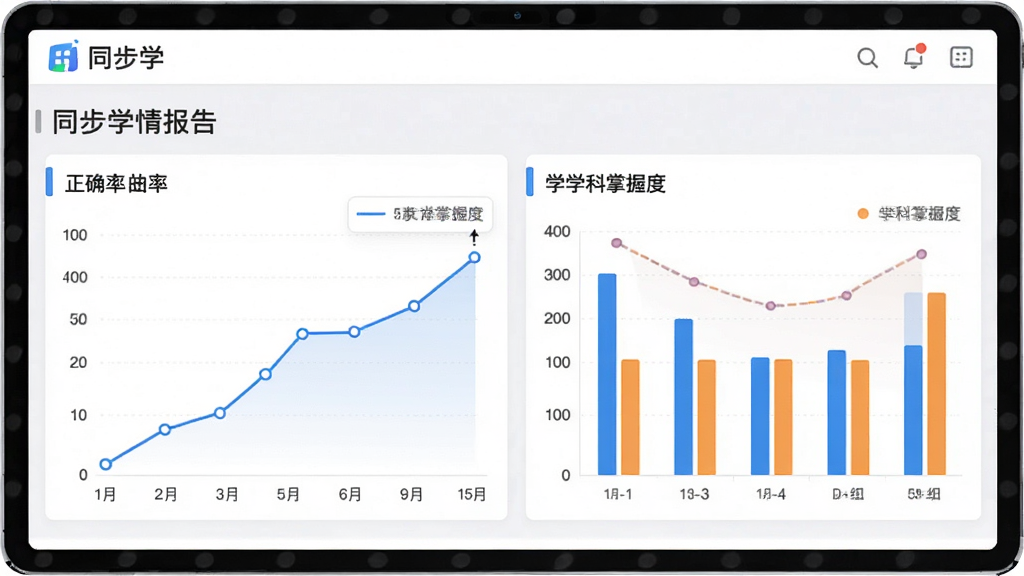 同步学学情报告页面,画面为数据图表展示,包含正确率曲线与学科掌握度柱状图,界面简洁清晰,带有“同步学”标识,风格商务教育风,浅灰白配色,布局上下结构,细节丰富,画质高清,无多余元素