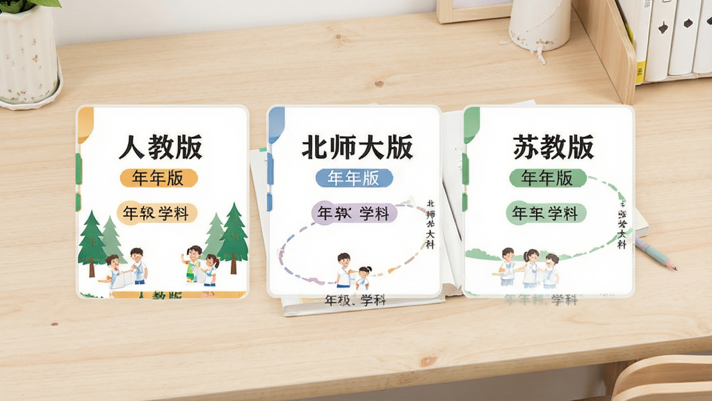 同步学教材版本选择界面,画面中展示多个教材版本卡片整齐排列,包含“人教版”“北师大版”“苏教版”等标识,卡片上有年级与学科标签,背景为浅色书桌场景,风格清新简约,布局为横向卡片列表,细节清晰,画质干净,无多余元素