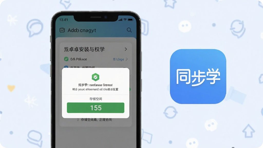 同步学安卓手机安装与权限设置示意图,画面为手机屏幕展示权限授权弹窗与存储空间提示,旁边配有“同步学”图标,风格简洁说明风,浅色背景,布局居中,细节清晰,画质干净,无多余元素