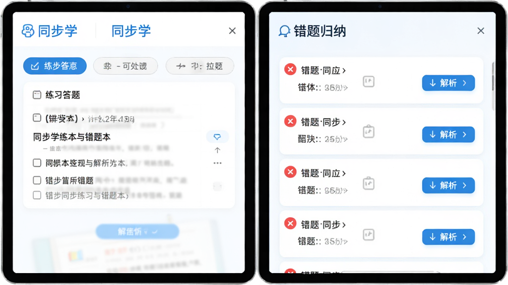 同步学同步练习与错题本界面,画面左侧为练习答题页面,右侧为错题归纳列表,带有红色错题标记与解析入口,界面标注“同步学”字样,风格简洁教育化,白底蓝点缀,布局左右分栏,细节清晰,画质干净,无多余元素