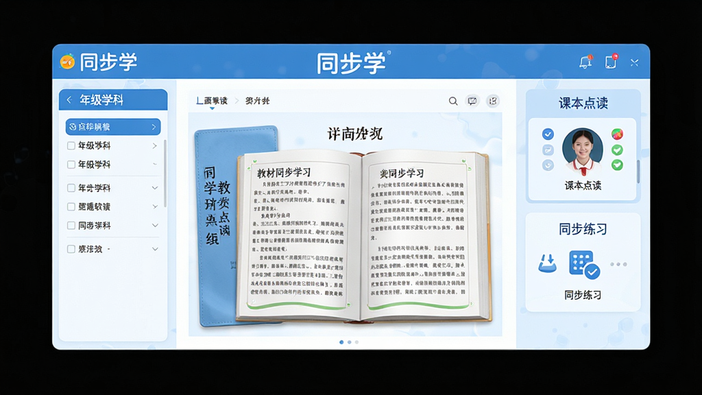 同步学软件主界面全貌展示,画面中央为打开的教材同步学习页面,左侧是年级学科选择栏,右侧是课本点读与同步练习入口,整体采用清新教育风格,蓝白配色,界面干净整洁,包含“同步学”文字标识,布局清晰,排版规整,细节丰富,画质高清,无多余元素