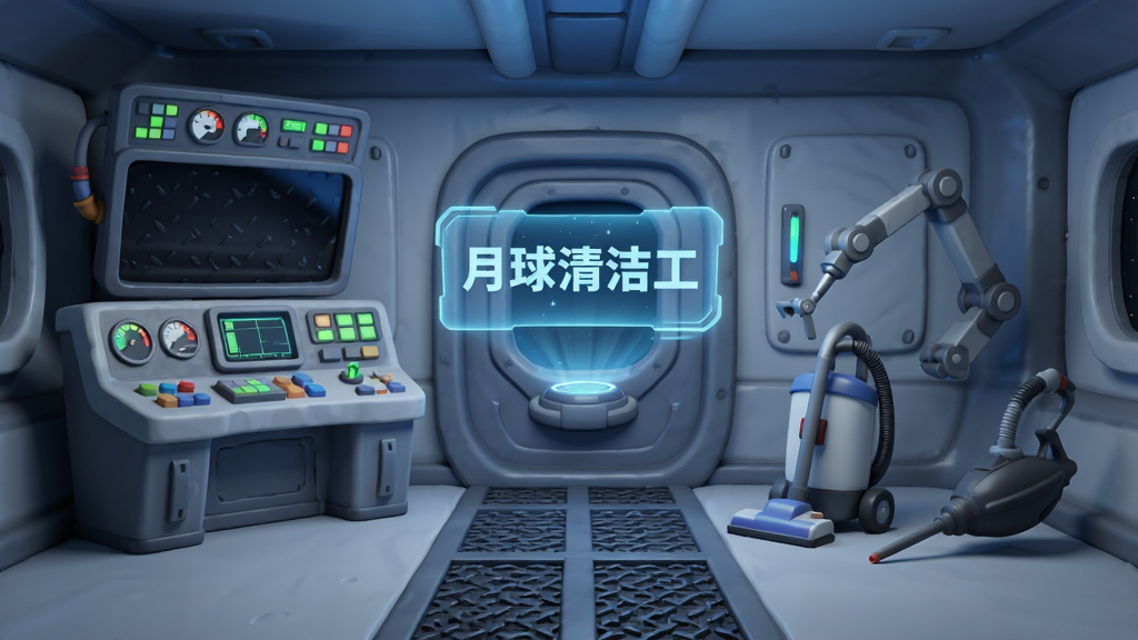 画面主体为月球基地内部场景,左侧是升级后的回收站控制台,右侧摆放吸尘器、磁力臂、气吹三种清洁工具,中间悬浮着“月球清洁工”全息标牌,布局为左右对称的室内构图,排版清晰分区明确,风格为科幻卡通3D,细节包括仪表盘灯光、金属墙面纹理、地面防滑格栅,画质高清干净无多余元素