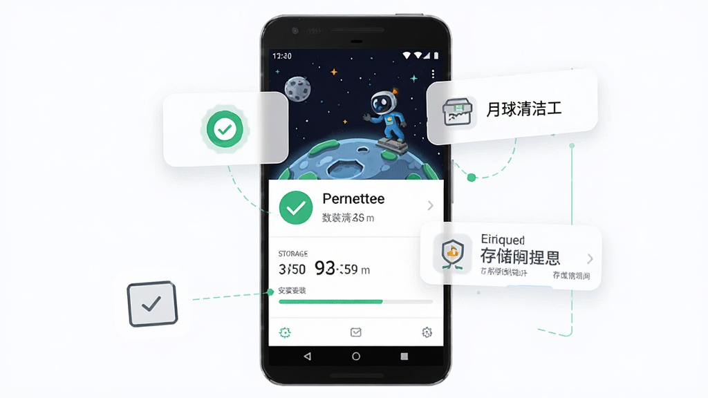 画面主体为一部安卓手机屏幕显示“月球清洁工”游戏安装界面,旁边悬浮着权限设置图标与存储空间提示,布局为手机居中、周围环绕设置元素,排版简洁直观,风格为扁平化科技插画,细节包括绿色对勾图标、存储容量数字、安装进度条,画质干净清晰无多余元素