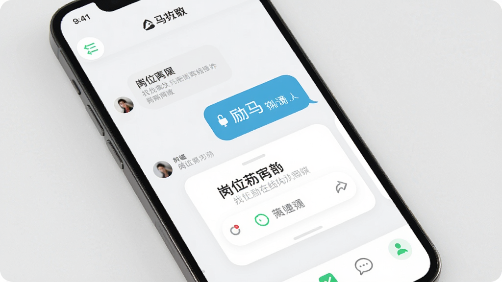 找励马在线沟通聊天界面,手机屏幕呈现对话气泡与岗位卡片,浅色背景,简洁聊天类App风格,圆角卡片设计,清晰字体,干净无杂乱元素,高清画质