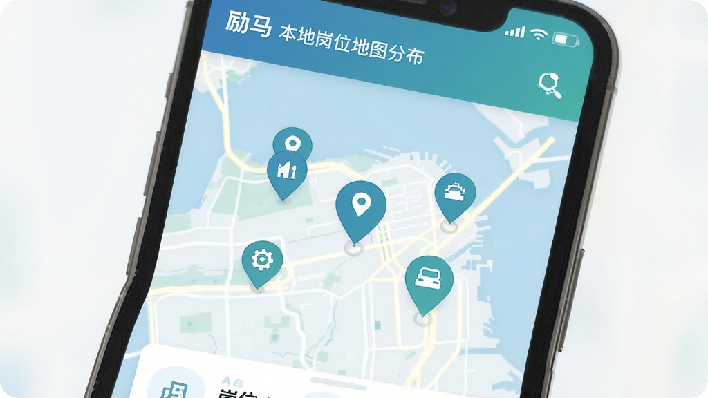 找励马本地岗位地图分布界面,手机屏幕显示地图与周边岗位标记点,蓝绿色调,简洁现代风格,扁平化图标,清晰排版,干净背景,高清画质
