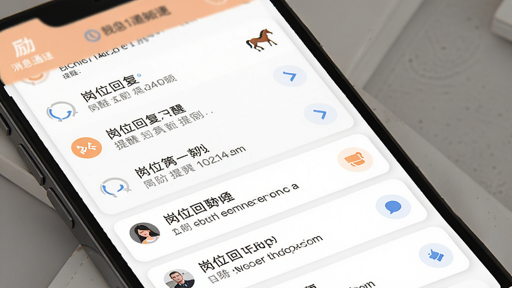 找励马消息通知中心界面,手机屏幕显示多条岗位回复提醒,橙蓝色点缀,简洁列表式布局,扁平化设计,清晰层级,干净背景,高清画质