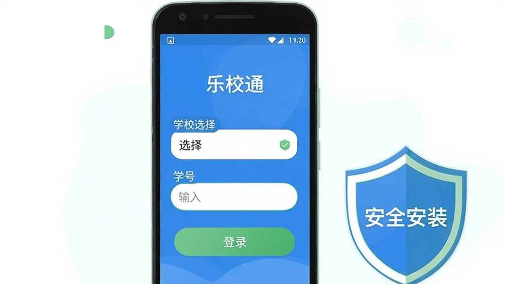 一部安卓手机屏幕展示“乐校通”安装完成后的登录页面,页面包含学校选择框与学号输入框,手机旁放置一个写着“安全安装”的盾牌图标,布局为手机居中、盾牌图标位于右下角,风格为清新扁平插画,细节上使用蓝绿配色与圆角输入框,画质干净清晰,无多余文字元素