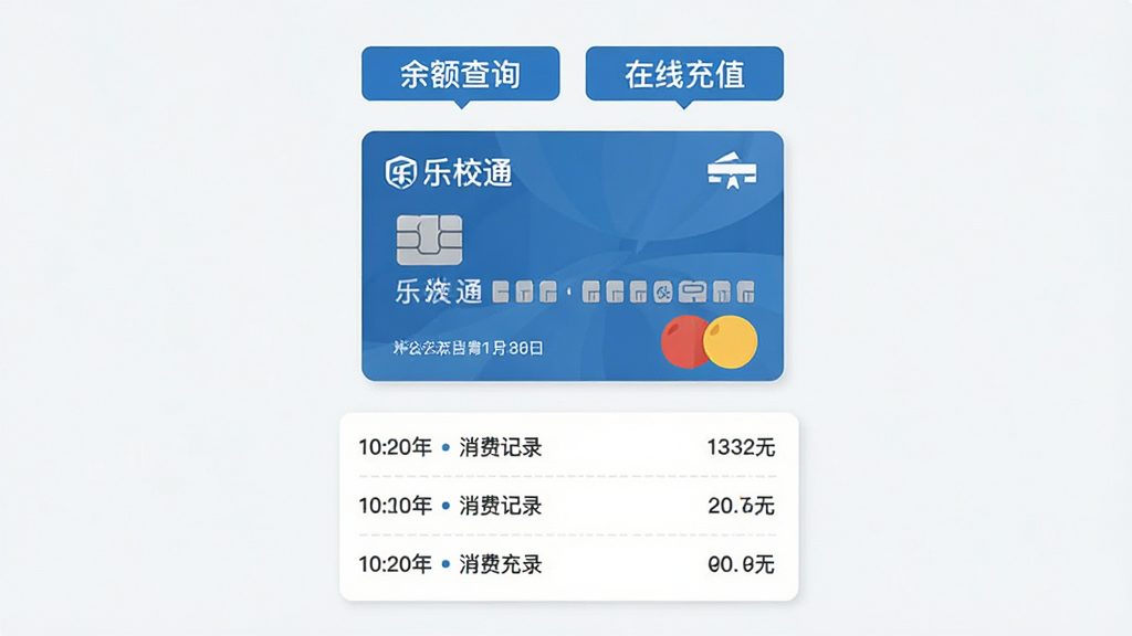 一张以“乐校通”校园卡管理为主题的信息图,主体为居中的虚拟校园卡卡片,卡片上方标注“余额查询”与“在线充值”两个功能标签,下方为按时间排列的消费记录列表,布局采用上下结构、卡片式分区,风格为简洁商务扁平风,细节上使用蓝色主色调与浅灰分隔线,画质清晰,画面干净无杂乱元素