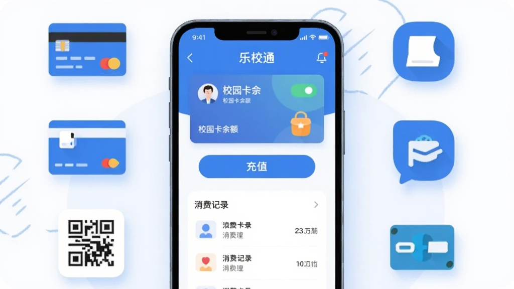 画面主体是一部竖屏智能手机,屏幕中央展示“乐校通”应用主界面,界面包含校园卡余额卡片、充值按钮与消费记录列表,手机两侧以扁平化图标形式环绕校园卡、水卡、二维码与支付符号,整体采用蓝白清新配色,布局上手机居中、图标对称分布,风格为现代扁平插画,细节上加入柔和阴影与圆角卡片元素,画质清晰干净,无多余装饰元素
