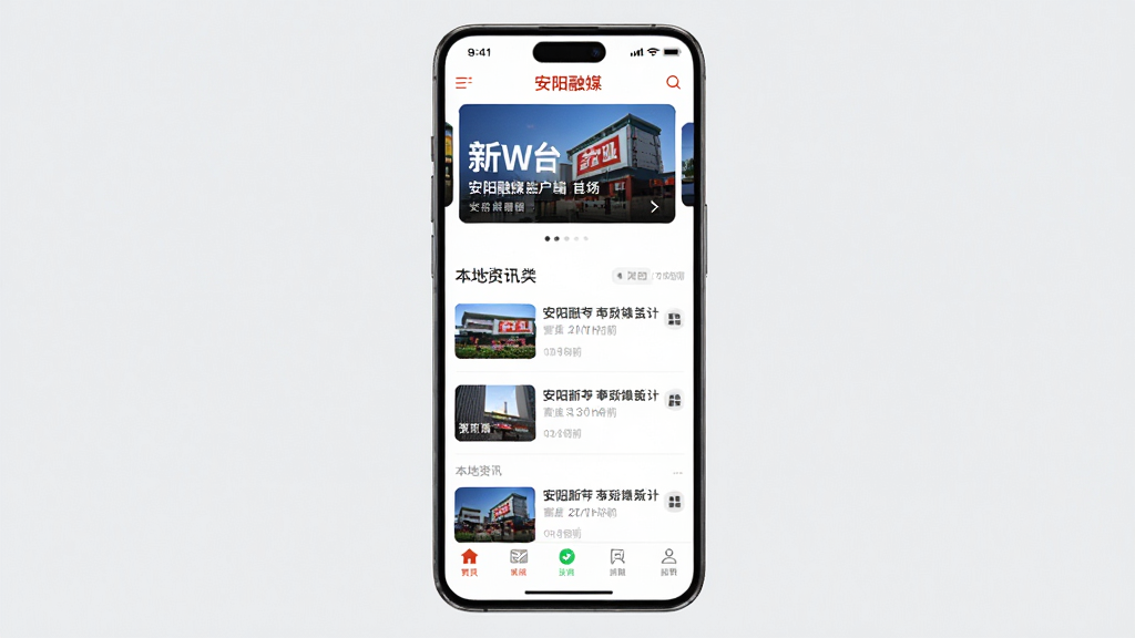 画面主体为一部竖屏智能手机,屏幕显示安阳融媒客户端首页界面,布局包含顶部轮播新闻图、中部本地资讯列表、底部导航栏,排版清晰有序,风格为现代扁平化科技感,细节包含新闻缩略图、时间标签、分类图标,画质高清,干净,无多余元素