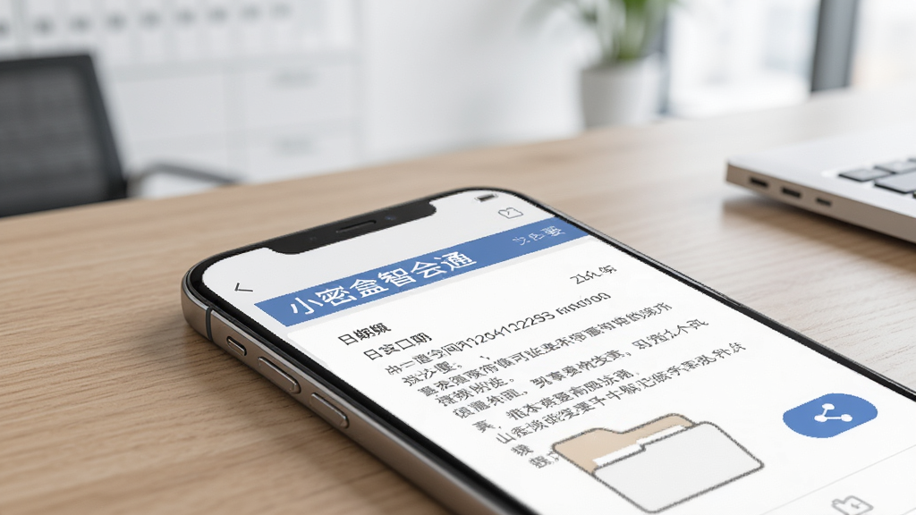 画面中一部手机放置在木质桌面上,屏幕显示一份排版整齐的会议纪要文档,文档上方有标题栏和日期信息,旁边有文件夹图标和分享按钮,背景为浅色办公环境,风格商务简约,布局干净,细节清晰,画质细腻,图片中显示文字“小密盒智会通”