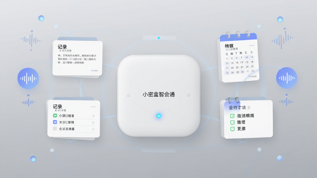 画面中央放置一个简洁的白色方形智能盒子设备,盒子正面有柔和的蓝色指示灯,周围环绕着悬浮的会议记录卡片、语音波形图标和日历待办清单,背景为浅灰色渐变,整体采用扁平化科技风格,布局居中对称,细节干净利落,画质清晰,无多余元素,图片中显示文字“小密盒智会通”