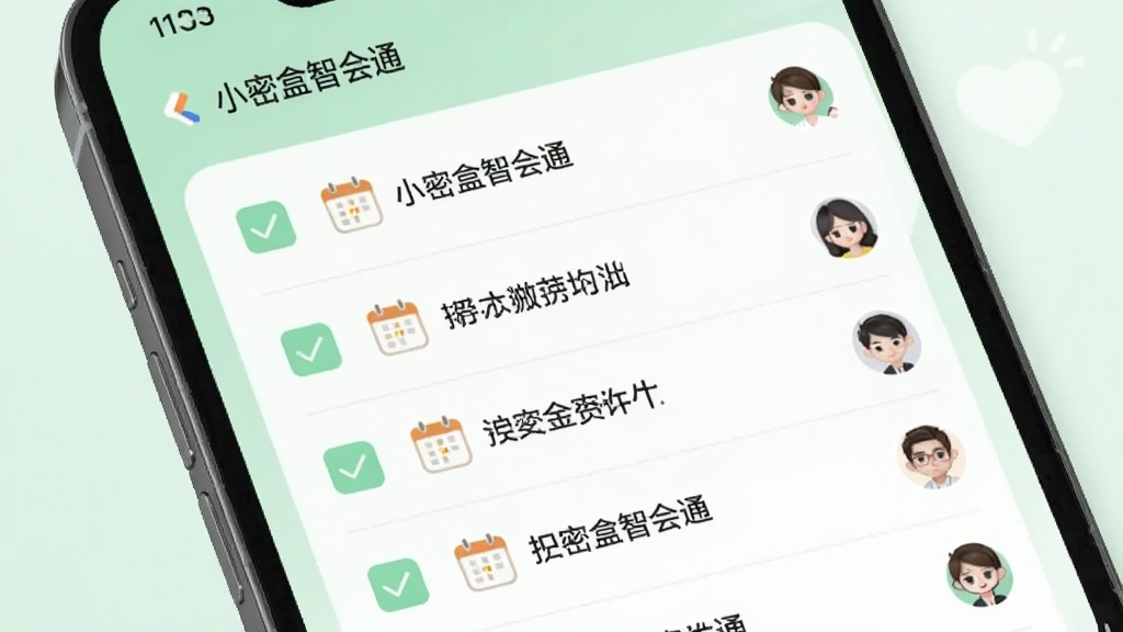 画面展示手机界面中的待办事项清单,每条任务前有复选框,部分已勾选,旁边配有日历提醒图标和负责人头像小图标,背景为柔和的浅绿色调,风格清新简洁,布局规整,细节干净,画质清晰,图片中显示文字“小密盒智会通”