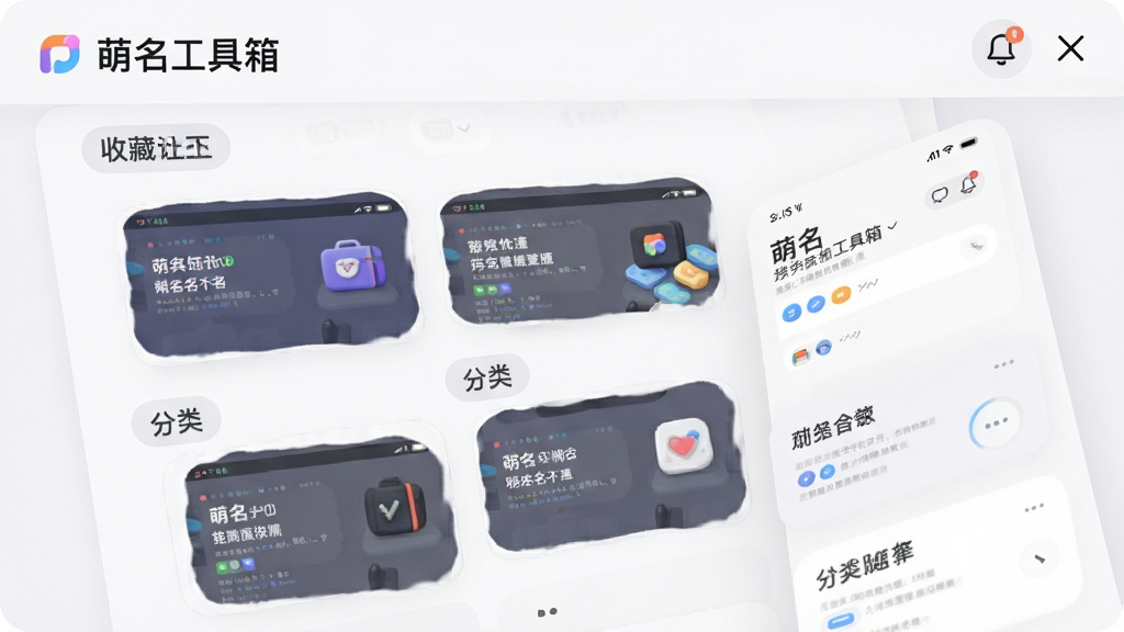 萌名工具箱 收藏夹管理界面 名字卡片列表 分类标签 圆角卡片 浅色背景 手机UI风格 整洁排版 高清画质