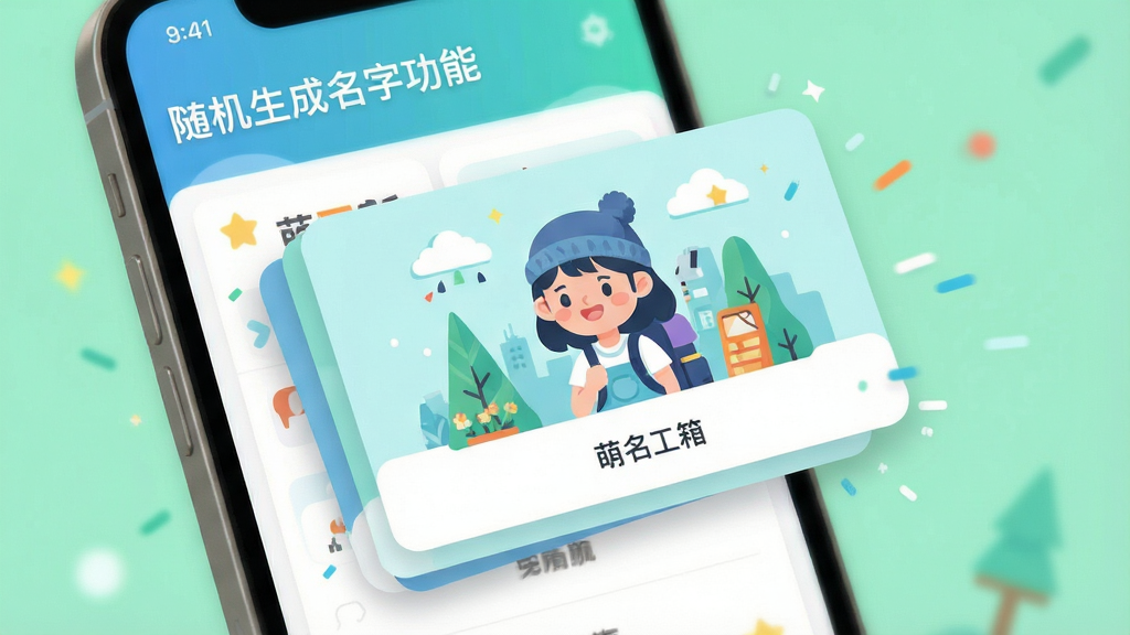 萌名工具箱 随机生成名字功能 手机界面 名字卡片弹出 动态感 清新配色 扁平插画风格 细节清晰 干净画质
