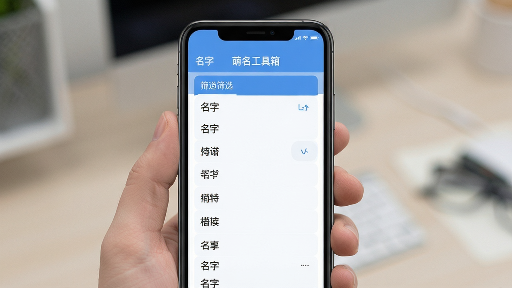 萌名工具箱 多条件筛选界面 手机屏幕展示 名字列表 清爽排版 蓝色调 扁平化风格 干净无多余元素 高清画质