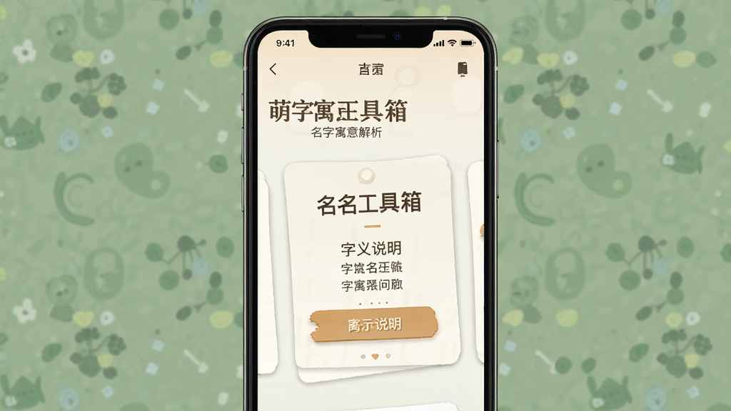 萌名工具箱 名字寓意解析页面 文字卡片展示 字义说明 温和配色 简洁布局 手机应用截图风格 清晰画质 干净背景