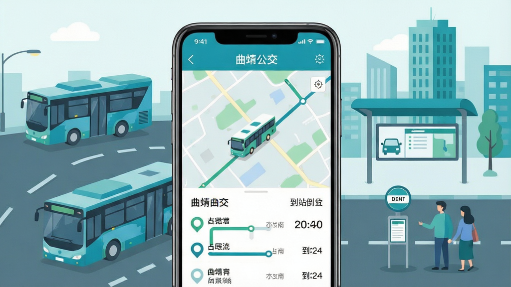 一张展示城市公交出行场景的手机应用界面图,画面主体为一部竖屏智能手机,屏幕内显示
