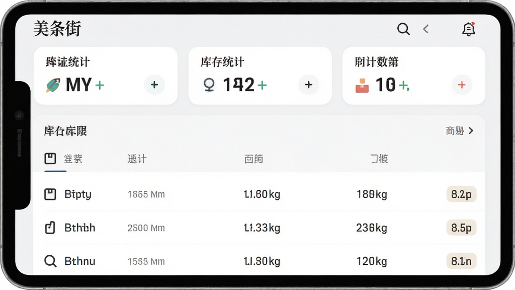“美条街”应用库存管理界面,屏幕中展示库存列表与数量标识,顶部有统计概览卡片,整体采用浅色背景,风格素雅,布局清晰,细节包含数字与图标,画质干净,无多余元素