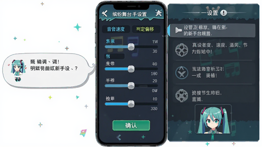 画面主体为初音未来:缤纷舞台的新手设置界面,中央为手机屏幕显示音符速度与判定偏移调节滑块,旁边有角色提示气泡,布局为手机居中、设置面板展开,排版突出调节选项与说明文字,风格为二次元手游设置界面风,细节包含滑块、数值、确认按钮、角色小头像,画质高清干净无多余元素