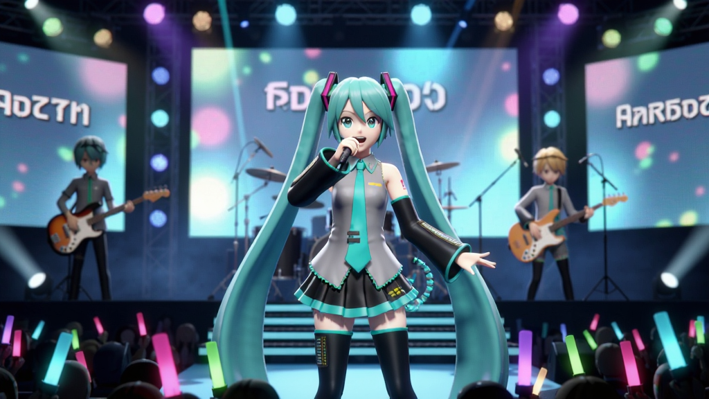画面主体为初音未来:缤纷舞台的3D Live演出场景,中央为初音未来在舞台中央演唱,身后有乐队角色与灯光屏幕,舞台下方为观众应援光棒,布局为舞台全景、角色居中,排版突出3D演出画面,风格为二次元演唱会现场风,细节包含舞台灯光、角色演出动作、屏幕歌词、彩色光效,画质高清干净无多余元素