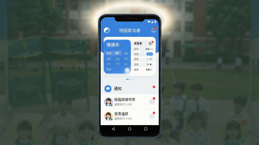手机屏幕显示校园家校沟通应用界面,主体为一部竖屏安卓手机,布局为居中构图,手机上方有柔和光晕,排版突出应用首页的课表卡片与通知列表,风格为清爽扁平化UI设计,细节包括蓝白配色、圆角图标、消息红点、班级头像,画质高清锐利,干净无多余元素