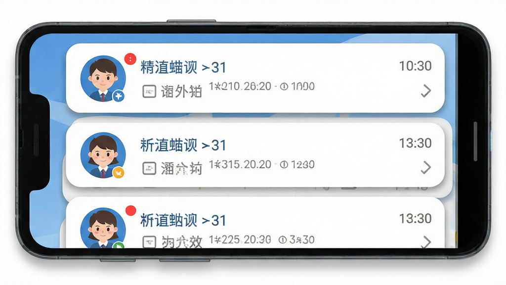 手机消息中心界面展示,主体为一部安卓手机屏幕,布局为消息列表上下排列,排版左侧为班级头像右侧为通知摘要,风格为简约卡片式设计,细节包括未读红点标记、时间戳、蓝白灰配色、圆角卡片阴影,画质清晰干净,无多余装饰元素