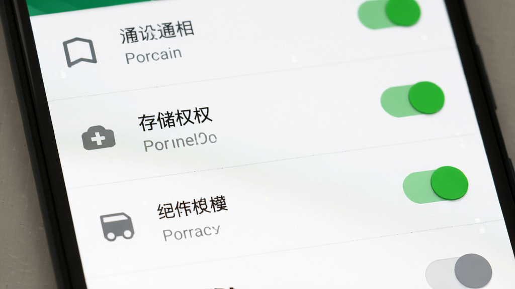 安卓手机设置界面展示权限管理页面,主体为手机屏幕特写,布局为纵向排列的权限开关列表,排版突出通知与存储权限开关,风格为系统设置类扁平UI,细节包括绿色开关按钮、灰色图标、白色背景,画质清晰,画面干净无杂乱元素