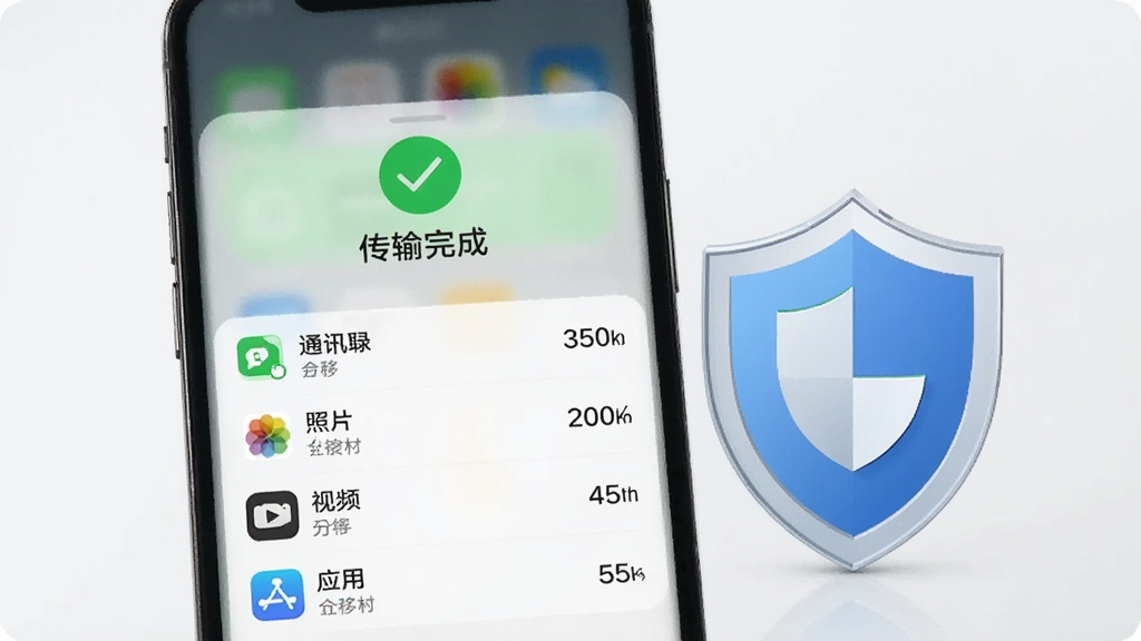 画面展示一部手机屏幕弹出“传输完成”的绿色对勾提示,下方列出通讯录、照片、视频、应用四项的迁移数量统计,手机旁边放置一个盾牌图标象征数据安全,背景为浅灰色简洁风格,画质清晰,无多余元素