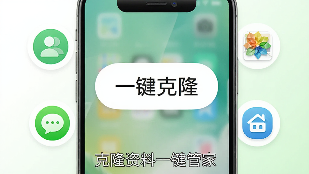 一部手机屏幕中央显示大大的“一键克隆”按钮,按钮周围环绕着通讯录、相册、短信、应用四个圆形图标,背景为干净的白色与淡绿色渐变,风格简洁明快,手机下方有“克隆资料一键管家”字样,画质高清,无杂乱装饰