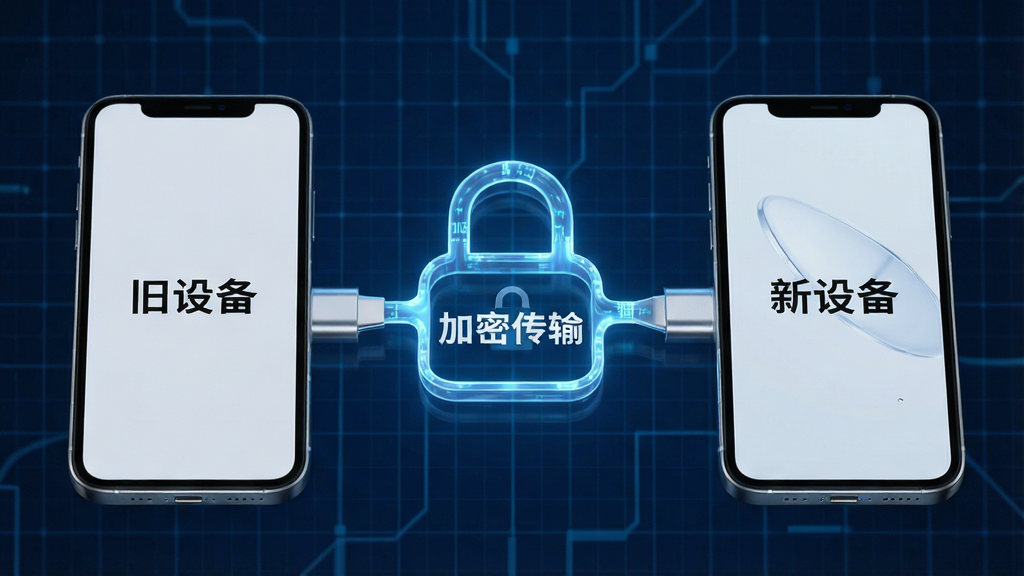画面中央为两台手机通过一条发光的锁形数据链相连,数据链上标注“加密传输”字样,两侧手机屏幕分别显示“旧设备”与“新设备”,背景为深蓝色科技感网格,整体风格稳重专业,细节清晰,画质干净