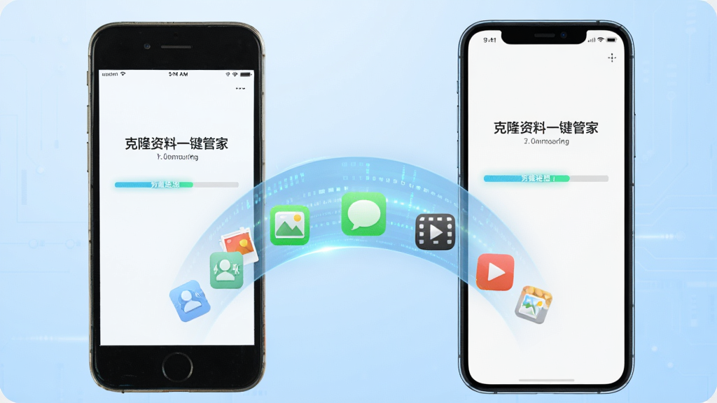 画面主体是一部旧手机与一部新手机并排摆放,中间以一道发光的弧形数据流连接,数据流中包含通讯录图标、照片图标、短信气泡图标、视频播放图标等元素,布局居中对称,背景为浅蓝色渐变科技风格,细节上手机屏幕显示克隆进度条与“克隆资料一键管家”文字标识,画质清晰干净,无多余元素