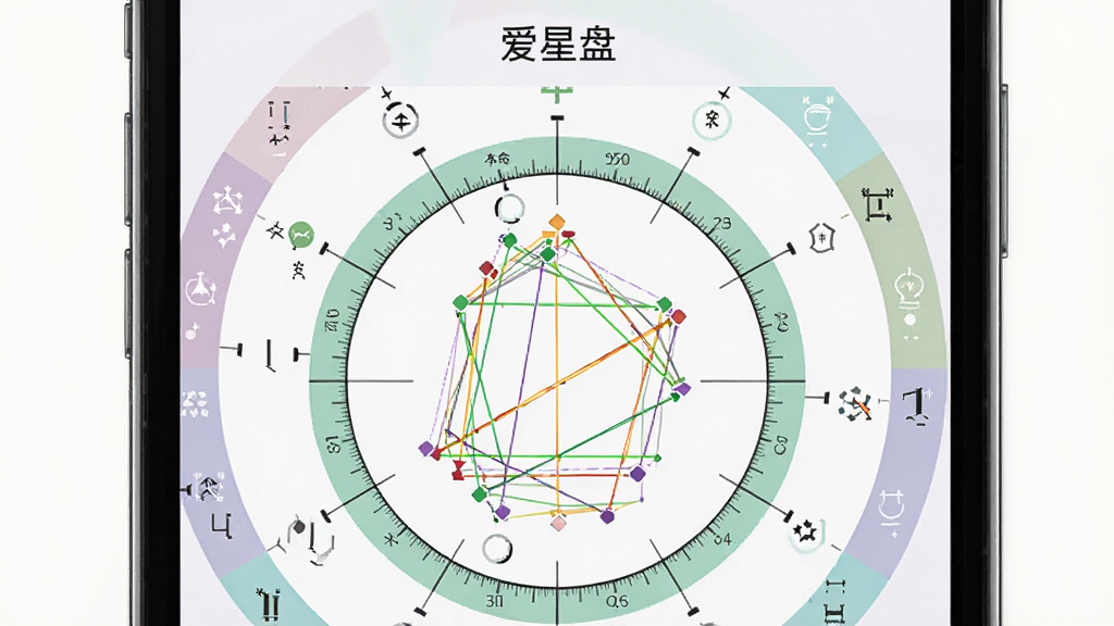 手机屏幕显示行运盘界面,外圈为流年行星位置,内圈为本命盘,中间有相位连线,界面顶部标注「爱星盘」名称,背景为浅色系,布局对称清晰,风格简洁现代,画质干净无杂乱元素