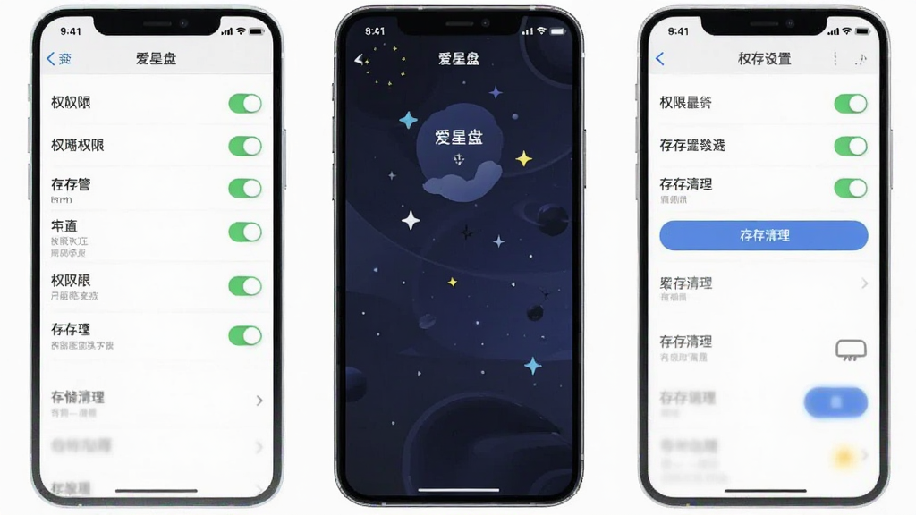 手机应用设置界面展示权限管理与存储清理选项,界面标注「爱星盘」名称,布局为列表式设置项,风格简洁扁平,细节包括权限开关与缓存清理按钮,画质清晰干净