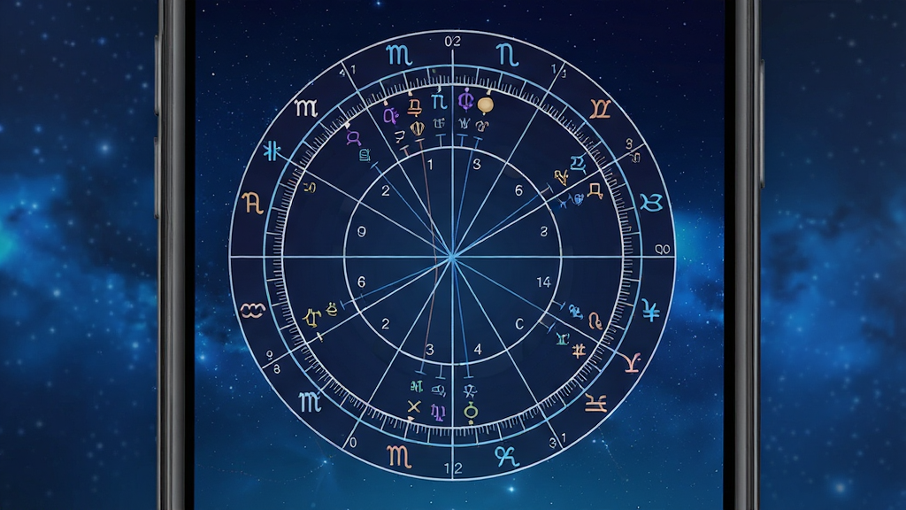 一张手机屏幕展示占星排盘应用的界面,画面中央是圆形星盘图,周围环绕十二星座符号与行星标记,背景为深蓝色星空渐变,布局简洁居中,风格现代科技感,细节包括星盘刻度线、行星连线与宫位数字,画质清晰干净,无多余元素