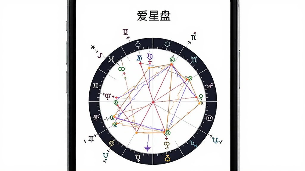 手机应用界面展示一张完整的本命星盘,圆形盘面分为十二宫位,行星符号分布在盘内,相位线连接相关行星,界面配有「爱星盘」文字标识,布局为上方标题下方星盘,风格简约专业,细节清晰,画质干净