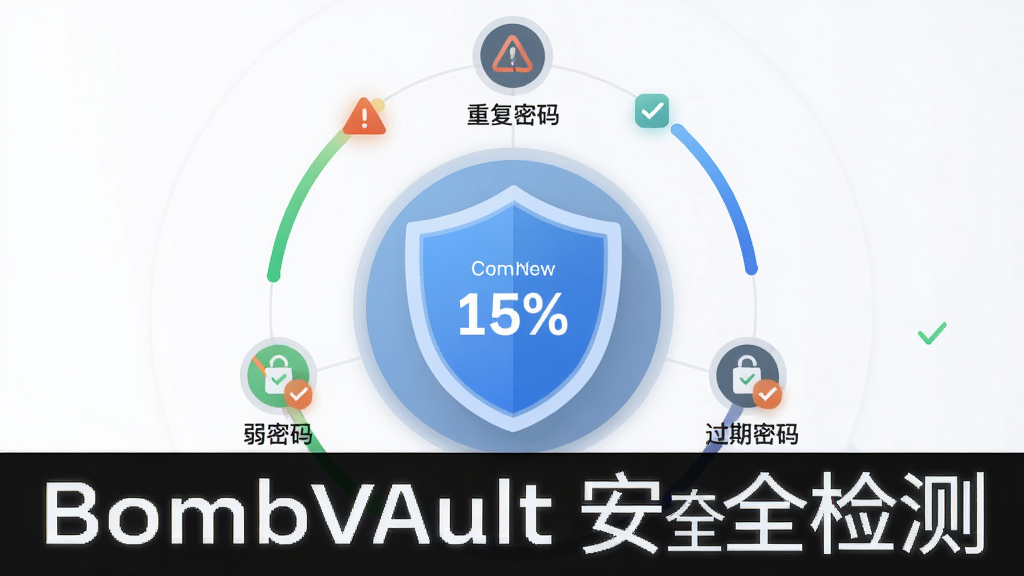 主体为一个仪表盘式密码健康评分界面,中央显示盾牌与百分比数字,四周分布弱密码、重复密码、过期密码三类图标,布局为环形放射状构图,排版以中央评分视觉焦点向四周展开,风格为清爽浅色数据可视化风,细节包含进度条、警示三角与勾选标记,画质清晰干净无多余元素,图片中打文字“BombVault 安全检测”