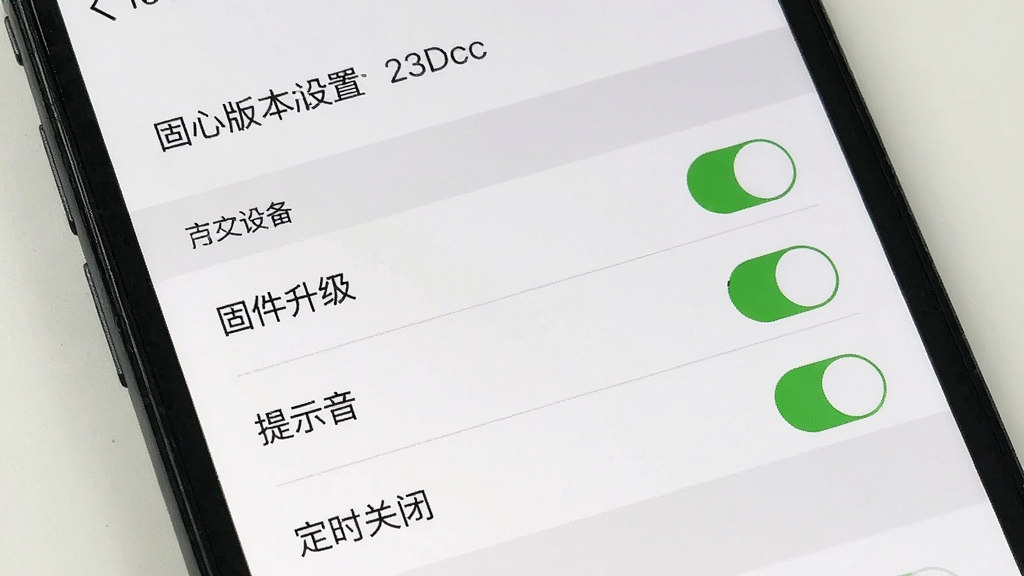 主体是手机界面展示心设备设置页,布局为上方固件版本信息下方多个开关选项列表,排版分组清晰,风格为极简白底灰线分隔设计,细节包含“固件升级”“提示音”“定时关闭”等条目,画质干净无多余装饰