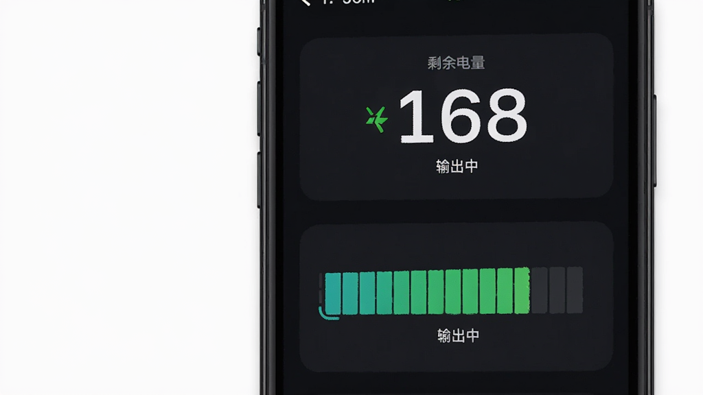 主体是手机屏幕显示心充电宝电量详情页,布局为上方大号电量数字下方条形电量图,排版简洁垂直居中,风格为深色背景配亮色数字的仪表盘风格,细节包含“剩余电量”“输出中”文字标签,画质清晰干净