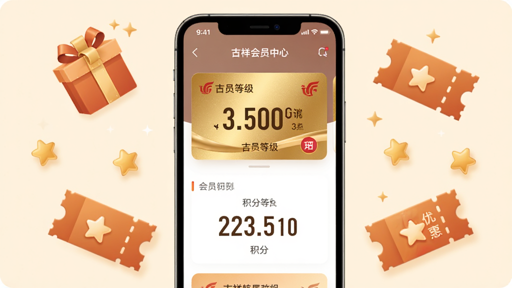 ���麽��APP��Ա���Ľ���չʾ���ֻ���Ļ�г��ֻ�Ա�ȼ���Ƭ��������֣��ֻ���Χ��������Ʒ�С��Ż�ȯ������ͼ�꣬����Ϊ�ֻ���ͼ����ϣ������ֻ����С�ͼ�껷�ƣ����Ϊ��ܰ����磬ϸ���ϻ�Ա��ʹ�ý�ɫ�ʸУ�����Ϊǳ��ɫ�����������ɾ����޶���Ԫ��