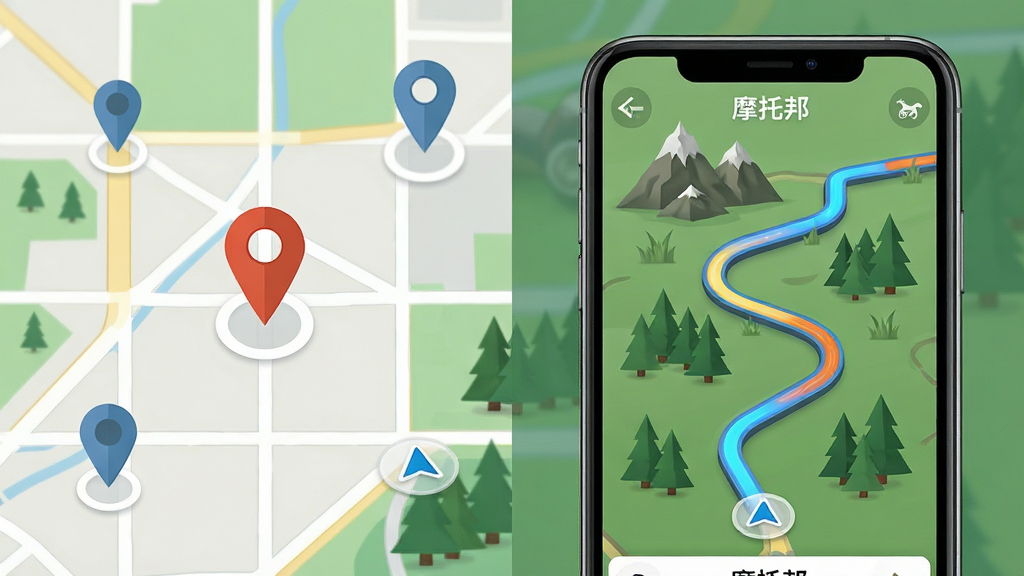画面主体为手机屏幕显示一条蜿蜒的山路导航路线,路线以高亮色标注,周围有山峦与森林图标;布局上手机位于画面右侧,左侧为抽象化的地图网格与定位标记;排版为左右分栏构图;风格为扁平化信息图与写实结合;细节上强调路线曲线的流畅感与地图层次,屏幕中可显示