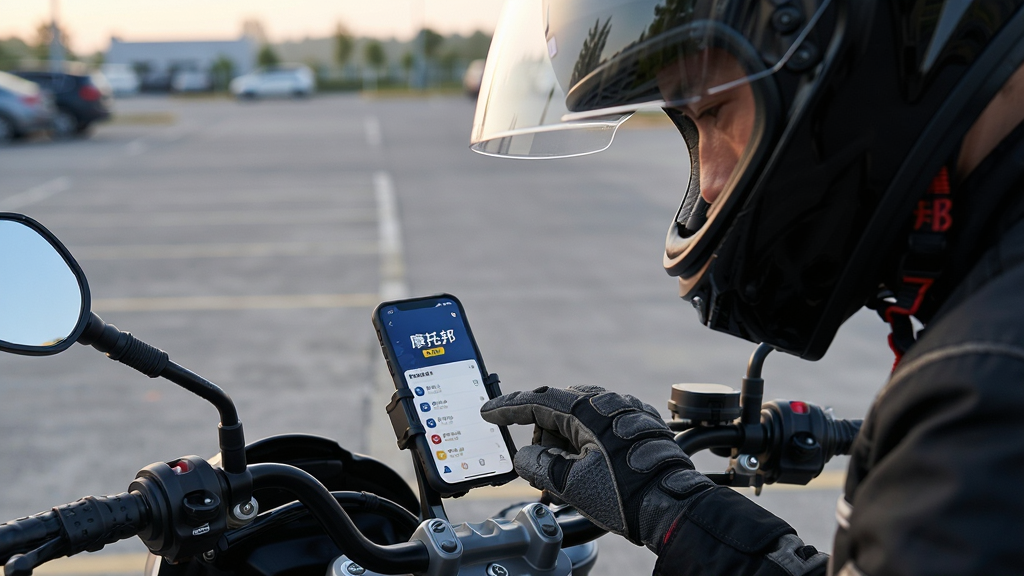 画面主体为一名骑手在出发前低头查看手机上的摩托邦应用界面,手机固定在车把支架上,骑手戴着头盔与手套;布局上人物上半身与手机屏幕为视觉中心,背景为清晨空旷的停车场;排版为竖版中景构图;风格为自然光写实摄影;细节上突出头盔面罩反光、手套纹理与手机屏幕亮度,屏幕中可显示