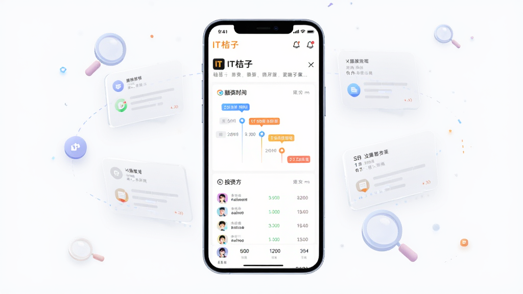 一部竖屏手机悬浮在画面中央,屏幕内呈现IT桔子应用的公司详情页,页面中有融资时间轴与投资方列表,手机周围环绕半透明的数据卡片与放大镜图标,布局为手机居中、元素环绕式构图,风格为科技感轻拟物插画,细节强调时间轴节点与标签配色,画质高清,背景干净纯色无杂乱元素