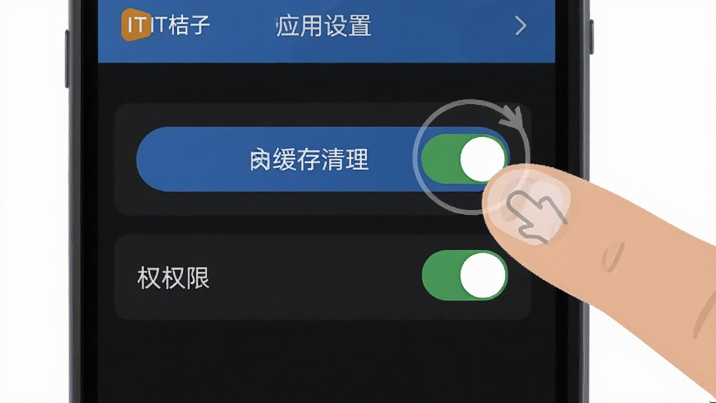 手机屏幕显示IT桔子应用设置页面,页面中有缓存清理按钮与权限开关选项,旁边有手指点击动作示意,布局为手机居中、手指从右侧伸入点击,风格为扁平化操作示意图,细节突出设置项与开关状态,画质清晰,背景为纯白干净无多余元素