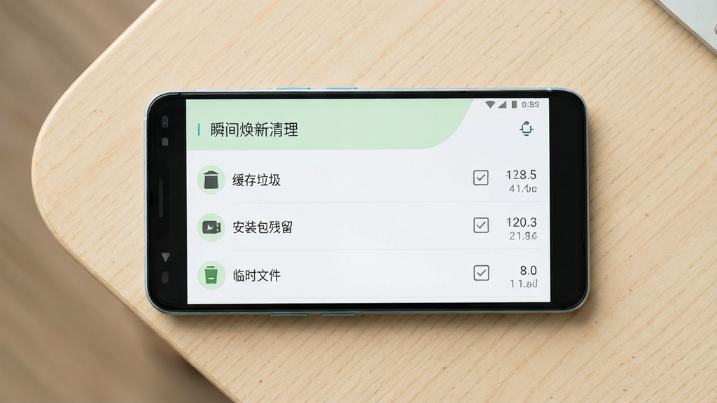 一部安卓手机平放在浅色桌面上,屏幕显示“瞬间焕新清理”应用内的扫描结果列表,列表项包含“缓存垃圾”“安装包残留”“临时文件”等条目,每条右侧有勾选框与大小数值,界面配色以白色和淡绿色为主,风格干净清爽,俯视角度拍摄,光线均匀,画质细腻清晰