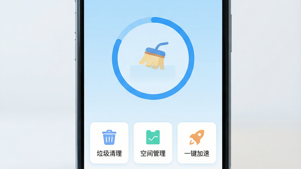 一张手机屏幕正面展示清理类应用界面的图片,画面中央是圆形扫描进度环,环内显示清理图标,背景为浅蓝渐变,界面下方排列三个功能卡片分别标注“垃圾清理”“空间管理”“一键加速”,整体风格清爽简洁,扁平化设计,光线明亮柔和,画质清晰干净,无多余装饰元素