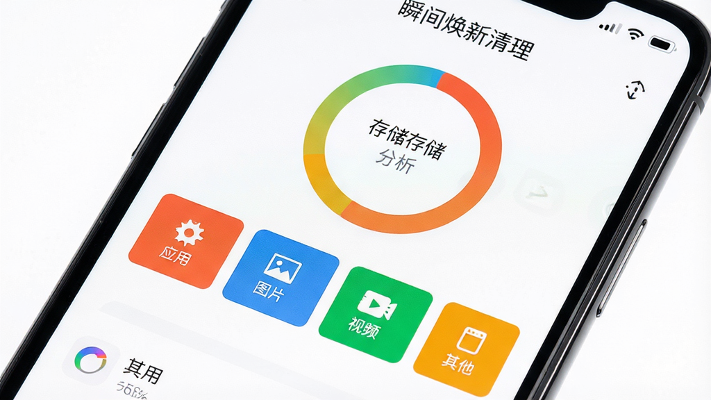 手机屏幕特写,显示“瞬间焕新清理”的存储空间分析页面,页面顶部为环形存储占用图,下方以不同颜色色块标注“应用”“图片”“视频”“其他”等分类占比,界面风格现代简约,背景为纯白色,图标线条细腻,整体画质高清干净