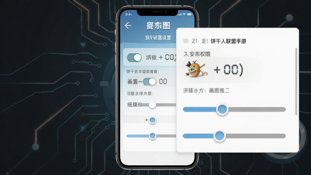 饼干人联盟手游安装设置界面示意图,主体为手机屏幕显示安装权限与画质设置选项,布局为手机居中、设置面板放大展示,排版清晰展示步骤,风格为简洁科技风,细节包括权限开关图标与画质滑块,画质干净无多余元素